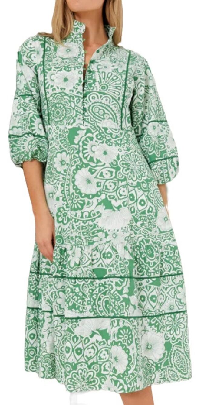 Tuckernuck Hyacinth House Hillsborough Green Cotton Floral Midi Dress Size XS